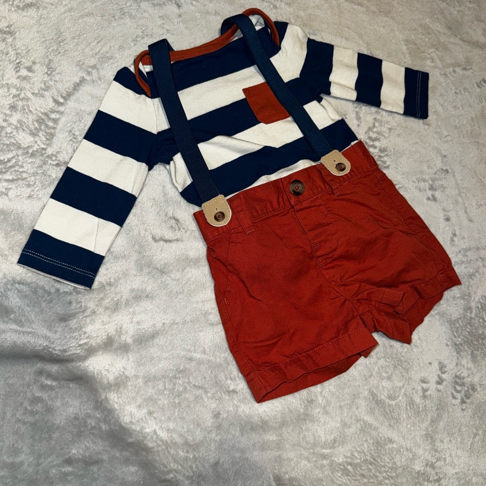 Cat & Jack baby Striped Navy and White Shirt with orange 🍊 Shorts and Suspenders